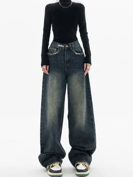 2023 Aukšto Juosmens Moterų Džinsus Harajuku Derliaus BF Stiliaus Streetwear Visas rungtynes, Laisvi Mados Femme Pločio Kojų Džinsinio audinio Kelnės