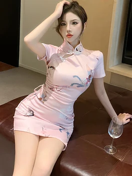 Pink Gėlių Prašmatnus Tvarstis Kawaii Mini Suknelė Moterims Vasaros Trumpomis Rankovėmis Bodycon Atsitiktinis Suknelė 2023 Korėjos Derliaus Elegantiška Prom Dress