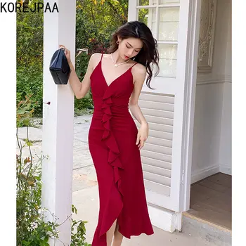 Korejpaa prancūzijos Susiėmę Raudonas Dirželis Suknelė Moterims 2023 Vasaros Seksualus V-kaklo Padalinta Bodycon Suknelės Lieknėjimo Aukšto Juosmens Drabužiai