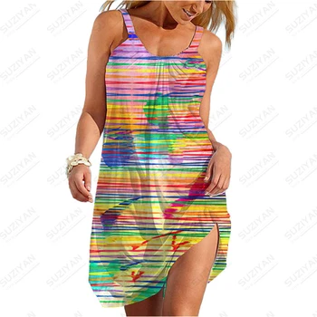 2023 Naujas Havajų Mados Trumpas Sijonas Moterų Prarasti Apvalios Kaklo Sexy Marškinėliai Vasaros Dirželis Suknelė Abstraktus Paveikslas 3D Spausdinimo Mados