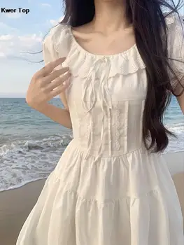 Korėjos Priežastinis Saldus Paplūdimio Stiliaus Mini Suknelė 2023 Vasarą Naujas Elegantiškas Ruffles-Line Trumpas Rankovės Vestidos Office Lady Drabužiai