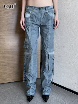 VGH kratinys kišenės laisvi džinsai ilgos kelnės moterims aukšto juosmens spliced raišteliu streetwear tiesūs džinsai moterų stilius