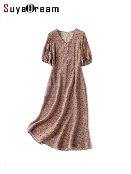 SuyaDream Ilgai Gėlių Suknelė Moteriai 100%Šilko Krepo V Kaklo Elegantiškas Atspausdinta Suknelės 2023 Pavasario Summe Drabužiai