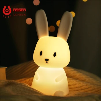 RSSER LED Nakties Šviesos mielas Triušis Gyvūnų Animacinių filmų Silikono Lempos šviesos srautą galima reguliuoti USB Įkrovimo Vaikams, vaikų, miegamojo dovana Miega