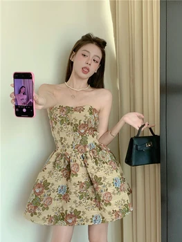 Mini Suknelė Moterims Gėlių Krūtinės Vienas Gabalas Vasaros Derliaus Princesė Moterų Vasaros Suknelės Elegantiškas Šalis 2023 Gimtadienio Sexy
