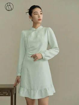 DUSHU Naujas Kinų Stiliaus Pagerėjo Cheongsam Suknelė Rudenį ilgomis Rankovėmis Kelio Ilgis Mėtos žalumo Moterų Suknelės Stovėti Apykaklės Suknelė