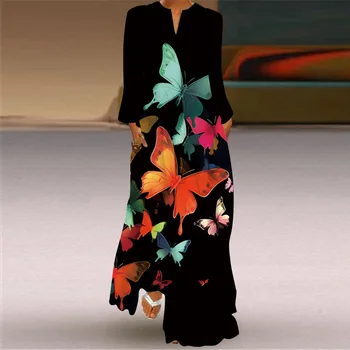 Suknelė Moterims 2023 Mados Naujų Spausdinimo Gėlių Drugelis V-Kaklo, Ilgomis Rankovėmis Maxi Suknelės Elegantiškas Atsitiktinis Palaidų-Line Suknelė