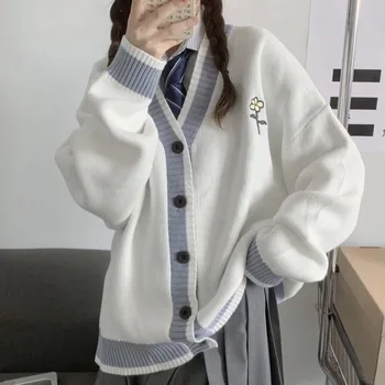 Korėjos Stiliaus Balta Negabaritinių Džemperis Cardigan Moterų Harajuku Preppy Mados V-kaklo Megztinis (Puloveris) Moterų Kawaii Viršūnės