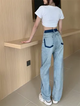 XS-L Rudenį 2023 korėjos stiliaus vyriški džinsai kelnės aukštu juosmeniu Vintage Spalvos Pathwork Pločio Kojų džinsus Kelnių Moterų(SY2037
