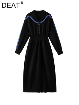 DEAT Moterų Suknelė su V-kaklo su Užtrauktuku Elastinga Juosmens Pleistras Dizaino Džinsinio Kontrasto Spalvų Dizaino Suknelės Naujas Mados 2023 Rudenį 29L2787