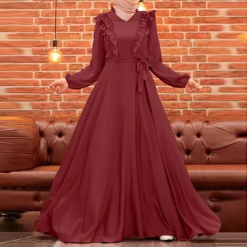 Elegantiškas Moteris Musulmonų Maxi Suknelė Mados V-Kaklo, Ilgomis Rankovėmis Satino Sundress Eid Mubarek Ramadanas Turkija Abaja Ilgai Vestidos