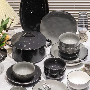 Juodosios Keramikos Indai Šiaurės Šalių Šiuolaikinio Indų Vakarienė Plokštės, Pilnas Komplektas Jogo De Pratos Jantar Porceliano Virtuvės Indų Rinkinys