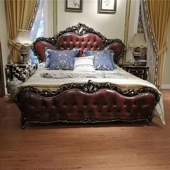royal classic karvės oda lova ,naujas dizainas medžio drožė prabangus miegamojo baldų komplektas