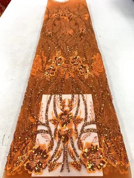 Afrikos Nėrinių Audinio Oranžinės spalvos Tiulio, Nėrinių Audinys, Siuvinėjimo prancūzijos Nėrinių Audinys Su beades Blizgančiais Dėl Vestuvės Dress