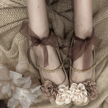 Mados Klasikinis Aksomo Mary Jane Šilko Juostelės Nėrinių Baleto Bateliai Moterims Aikštėje Kojų Gėlių Moterims Butai Elegantiškas Valentino Batai