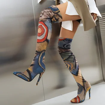 Iki 2023 m. Rudenį moterys over-the-knee batai plius dydis 22-28.5 cm Elastinga mikropluošto spausdinimo moterų šiuolaikinės Batai pažymėjo tne ilgi batai