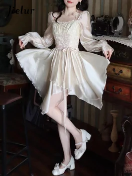 Jielur Naujas Moterų Abrikosų Kvadratinių Kaklo Mini Suknelė Vasaros korėjos Seksualus Aukšto Juosmens Lady Suknelė, Mados Saldus ilgomis Rankovėmis Suknelės