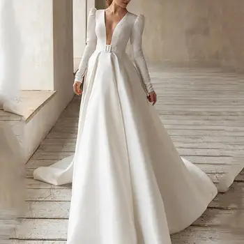 Moterų Ilgas Rankovėmis Vestuvių Suknelė Balta Satino Lieknėjimo Suknelė Elegantiškas Ponios Vienas Gabalas Visas Ilgis Nuotakos Suknelės V-kaklo Dizainas