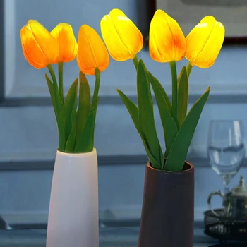 Tulpės Dirbtinės Gėlės LED Nakties Šviesos Interjero Apdailos Puokštė Lempos Modeliavimas Tulpių Stalo Lempa Naktiniai Atmosfera Šviesos